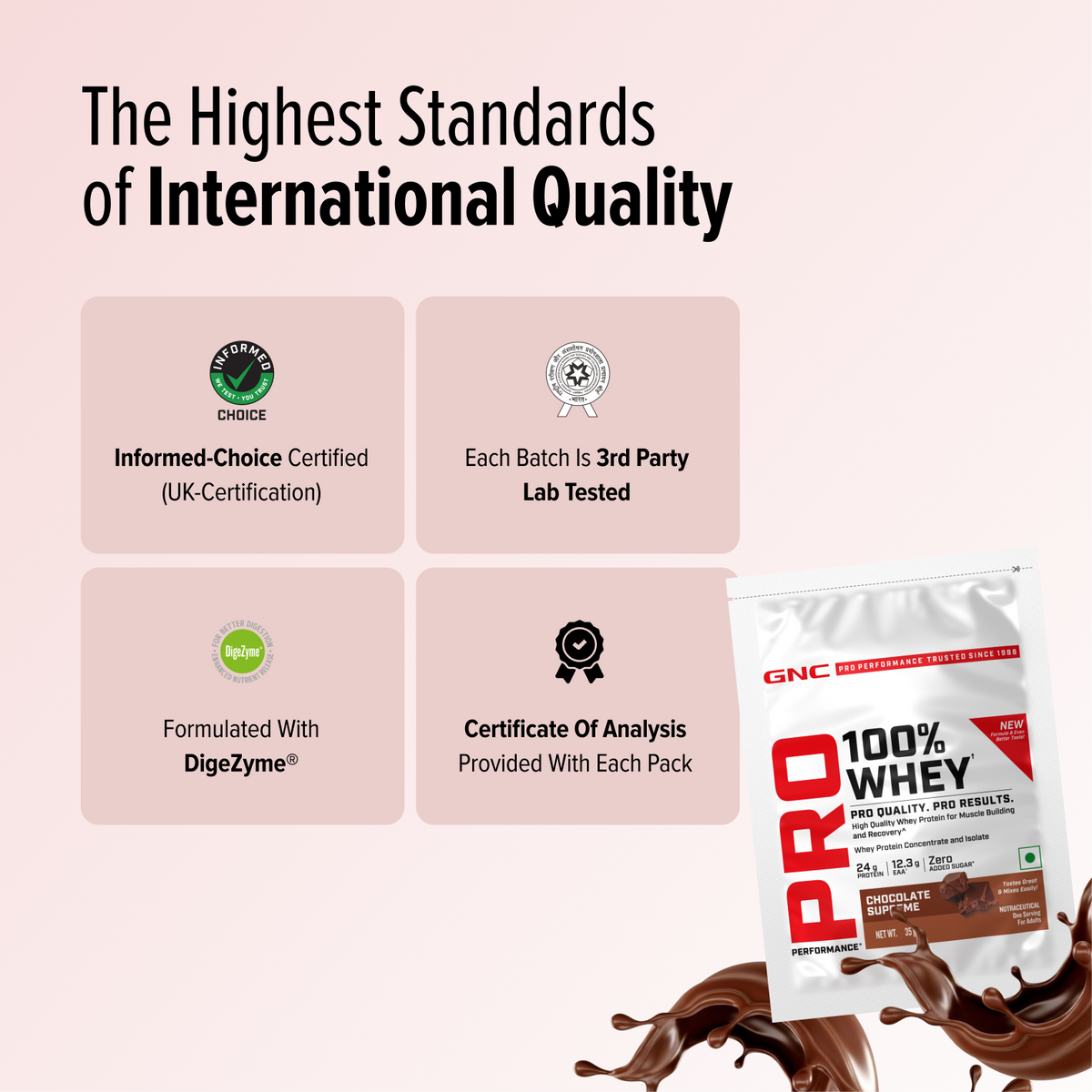 GNC Pro Performance 100% Whey Protein | New Formulation | 24g Protein, 5.7g BCAAs, 12.3g EAAs | Added DigeZyme® |  Low Carb (4.51g), No Added Sugar I Chocolate Supreme I 35 GM (Single Serve)