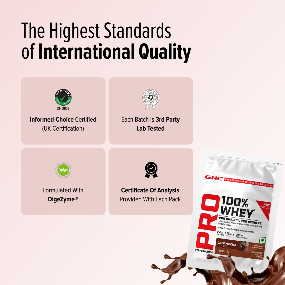 GNC Pro Performance 100% Whey Protein | New Formulation | 24g Protein, 5.7g BCAAs, 12.3g EAAs | Added DigeZyme® |  Low Carb (4.51g), No Added Sugar I Cafe Mocha I 35 GM (Single Serve)