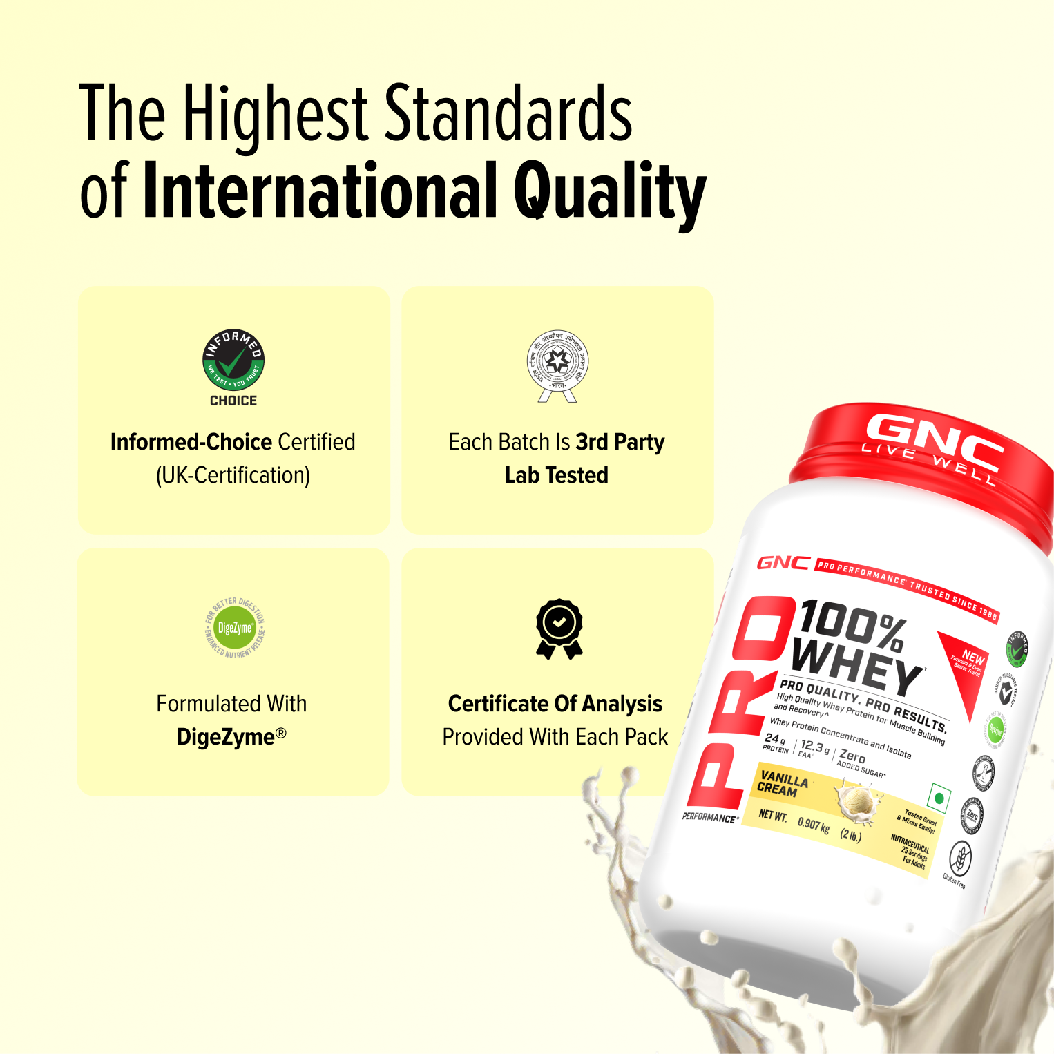 GNC Pro Performance 100% Whey Protein | New Formulation | 24g Protein, 5.7g BCAAs, 12.3g EAAs | Added DigeZyme® |  Low Carb (4.51g), No Added Sugar I Vanilla Cream I 907 GM