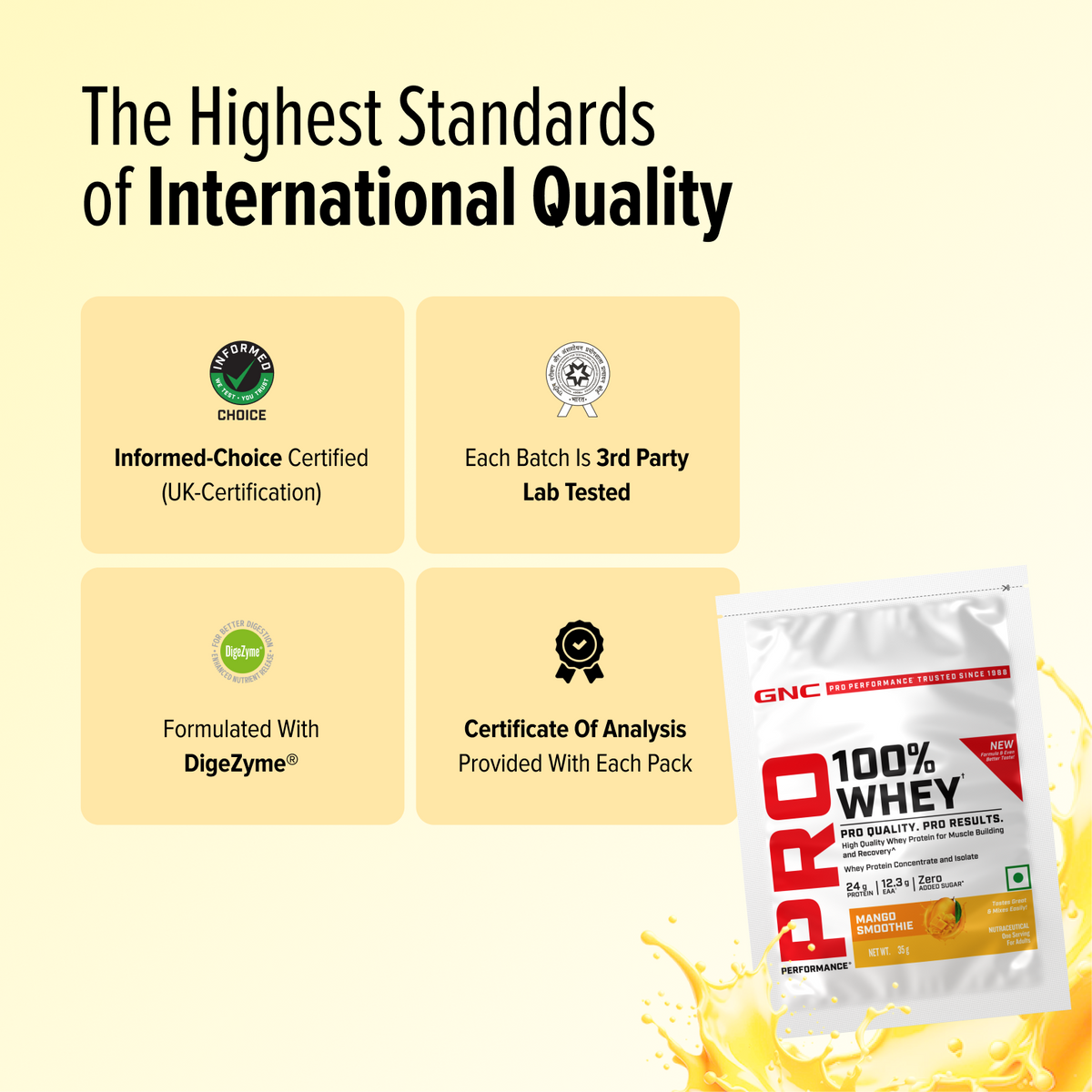 GNC Pro Performance 100% Whey Protein | New Formulation | 24g Protein, 5.7g BCAAs, 12.3g EAAs | Added DigeZyme® |  Low Carb (4.51g), No Added Sugar I Mango Smoothie I 35 GM (Single Serve)