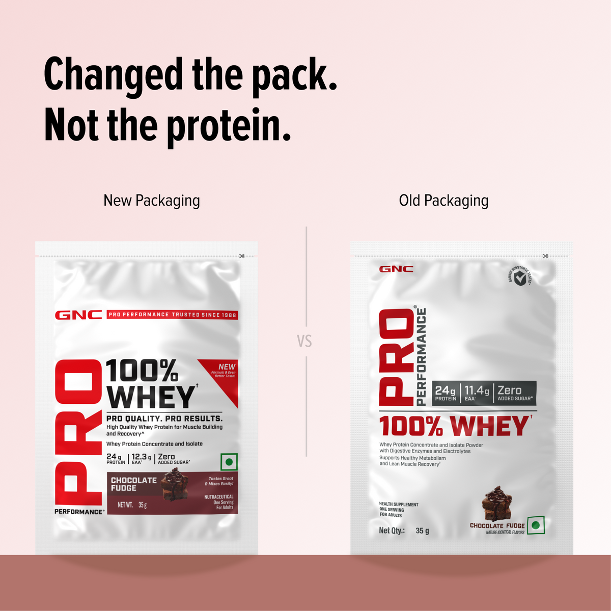GNC Pro Performance 100% Whey Protein | New Formulation | 24g Protein, 5.7g BCAAs, 12.3g EAAs | Added DigeZyme® |  Low Carb (4.51g), No Added Sugar I Chocolate Fudge I 35 GM (Single Serve)
