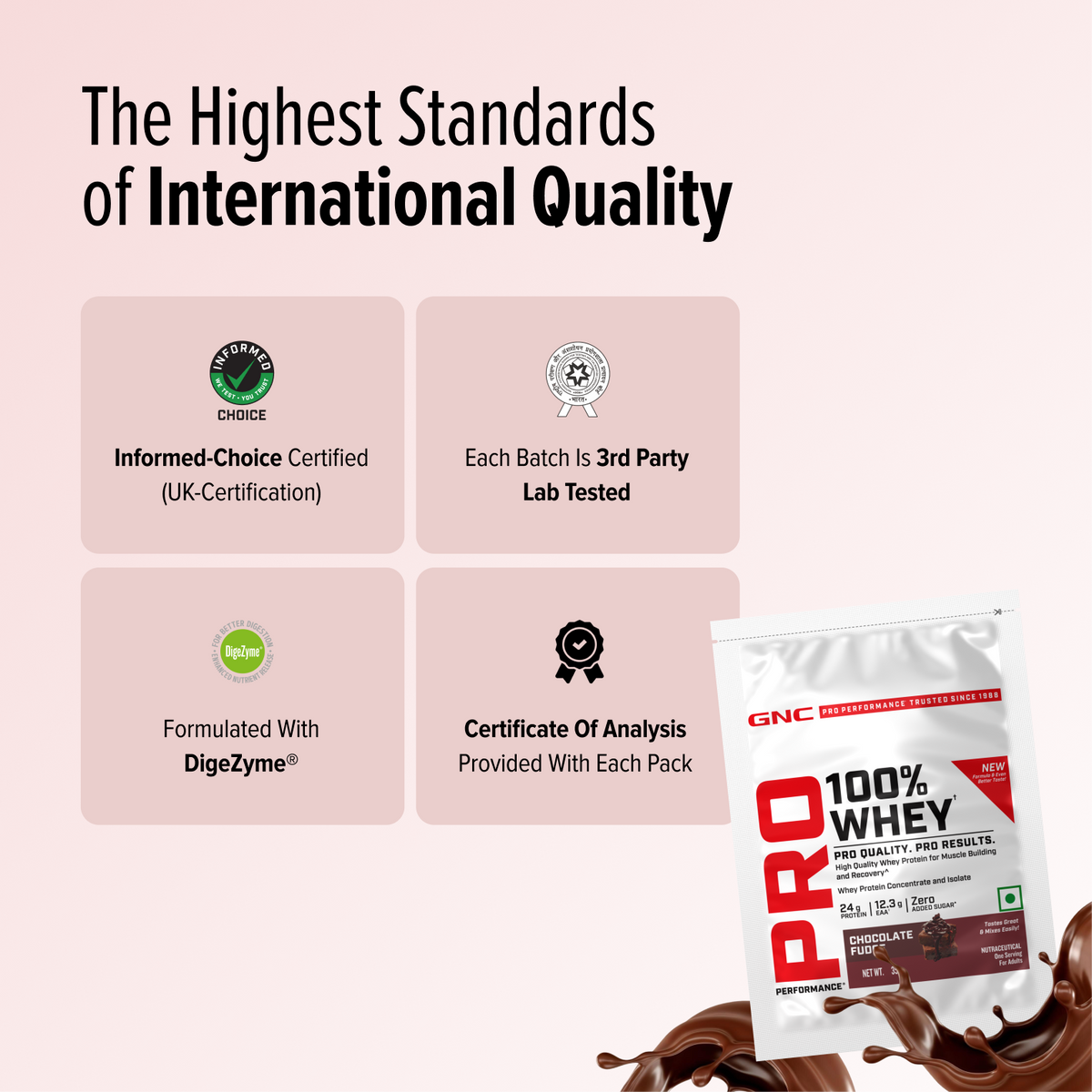 GNC Pro Performance 100% Whey Protein | New Formulation | 24g Protein, 5.7g BCAAs, 12.3g EAAs | Added DigeZyme® |  Low Carb (4.51g), No Added Sugar I Chocolate Fudge I 35 GM (Single Serve)