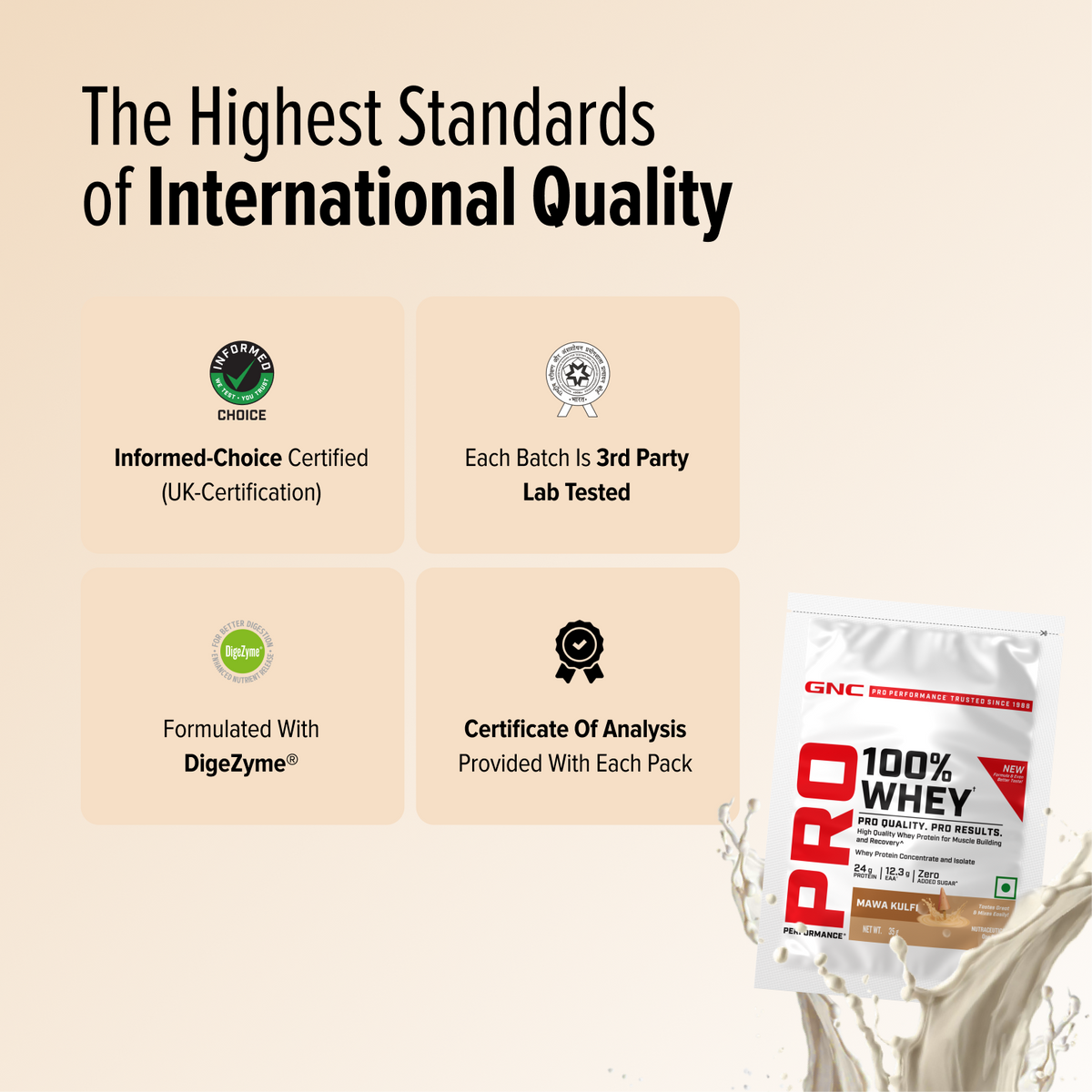GNC Pro Performance 100% Whey Protein | New Formulation | 24g Protein, 5.7g BCAAs, 12.3g EAAs | Added DigeZyme® |  Low Carb (4.51g), No Added Sugar I Mawa Kulfi I 35 GM (Single Serve)