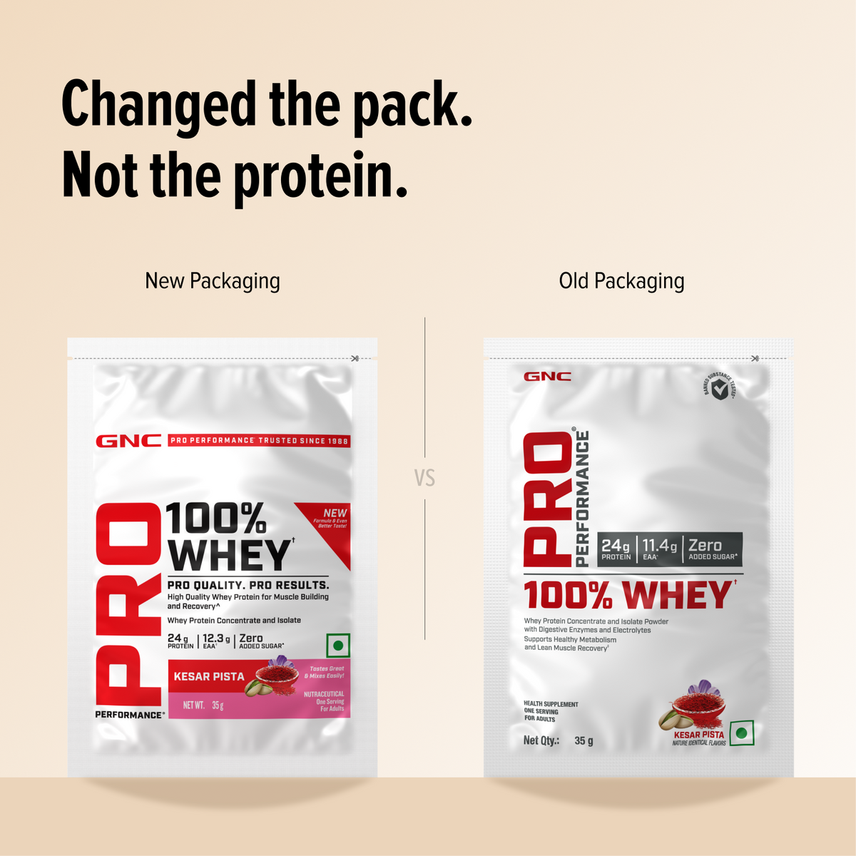 GNC Pro Performance 100% Whey Protein | New Formulation | 24g Protein, 5.7g BCAAs, 12.3g EAAs | Added DigeZyme® |  Low Carb (4.51g), No Added Sugar I Kesar Pista  I 35 GM (Single Serve)