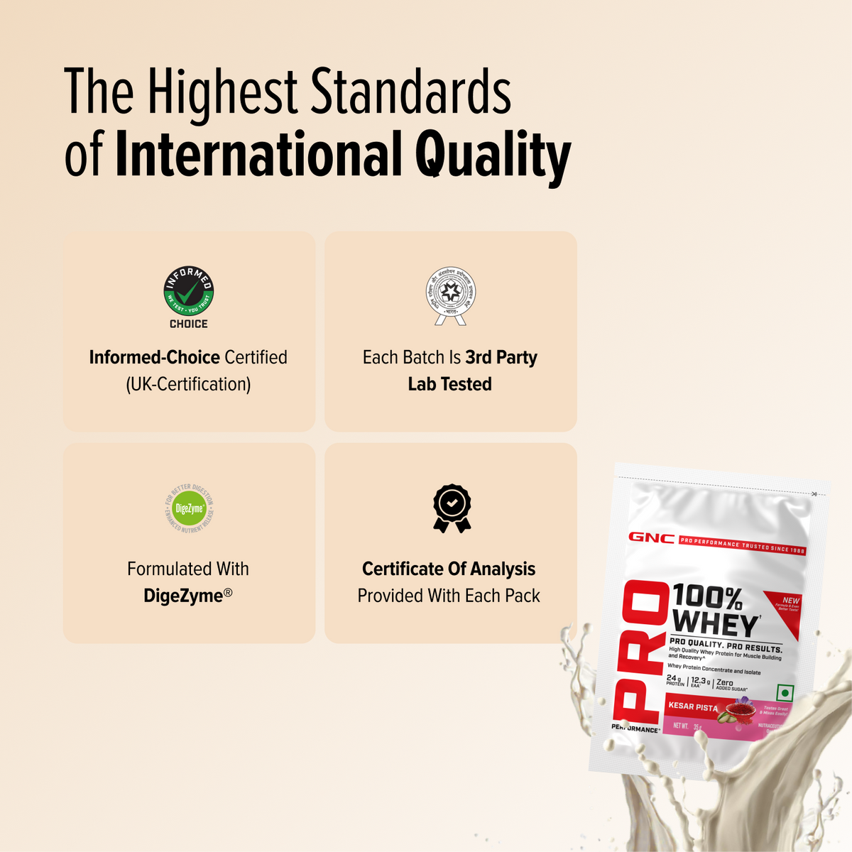 GNC Pro Performance 100% Whey Protein | New Formulation | 24g Protein, 5.7g BCAAs, 12.3g EAAs | Added DigeZyme® |  Low Carb (4.51g), No Added Sugar I Kesar Pista  I 35 GM (Single Serve)