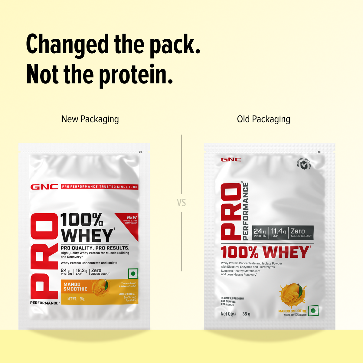 GNC Pro Performance 100% Whey Protein | New Formulation | 24g Protein, 5.7g BCAAs, 12.3g EAAs | Added DigeZyme® |  Low Carb (4.51g), No Added Sugar I Mango Smoothie I 35 GM (Single Serve)