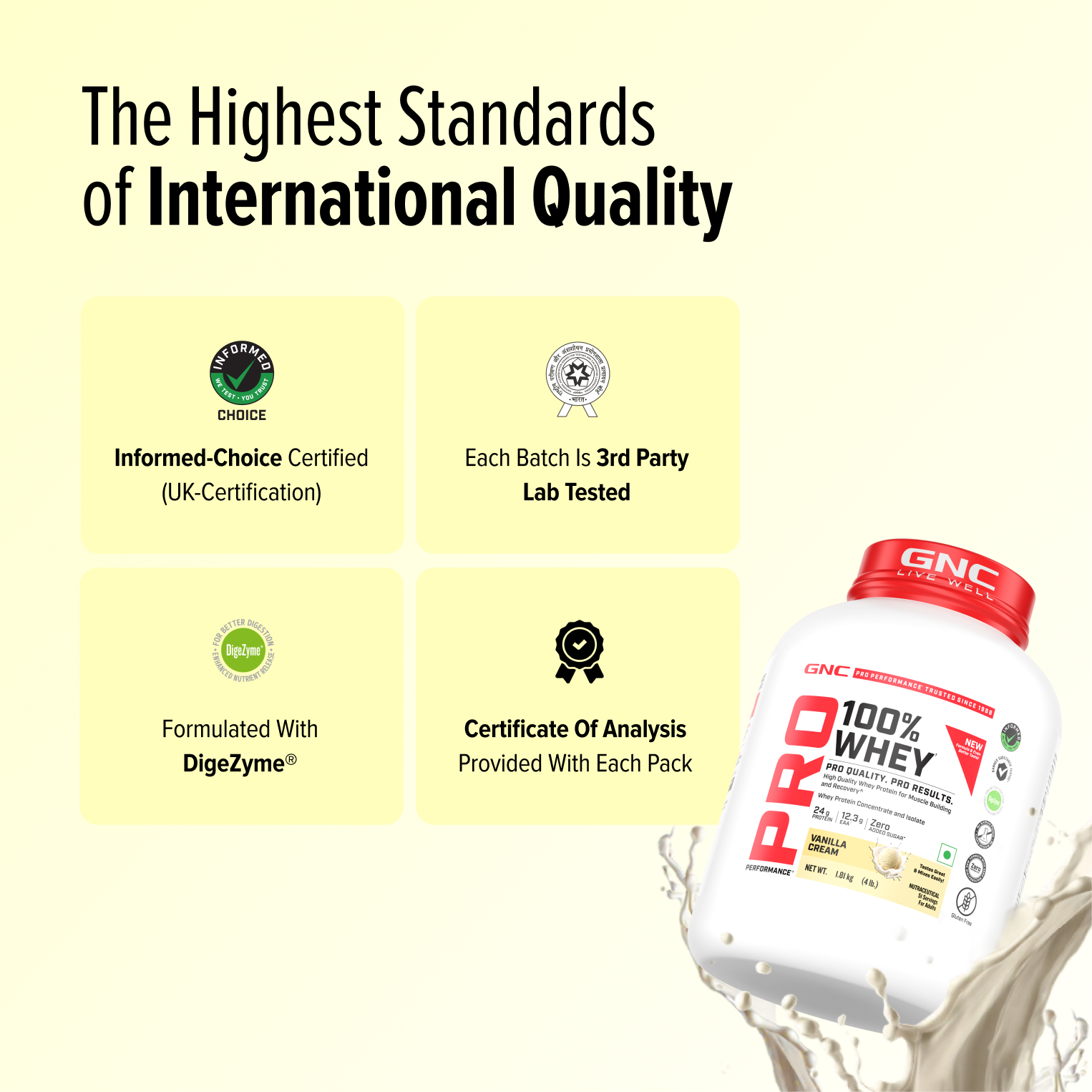GNC Pro Performance 100% Whey Protein | New Formulation | 24g Protein, 5.7g BCAAs, 12.3g EAAs | Added DigeZyme® |  Low Carb (4.51g), No Added Sugar I Vanilla Cream I 1.81 Kg