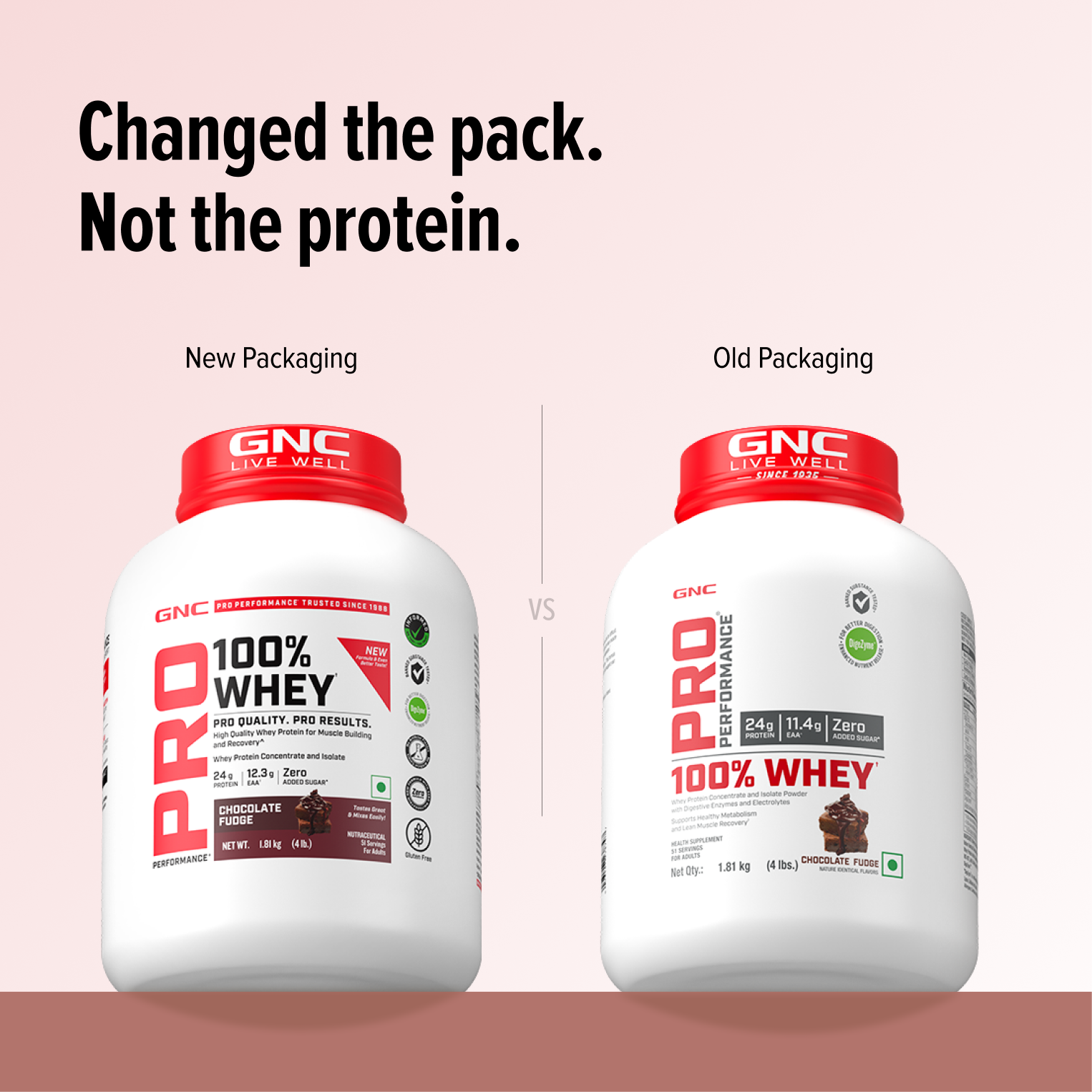 GNC Pro Performance 100% Whey Protein | New Formulation | 24g Protein, 5.7g BCAAs, 12.3g EAAs | Added DigeZyme® |  Low Carb (4.51g), No Added Sugar I Chocolate Fudge I 1.81 Kg