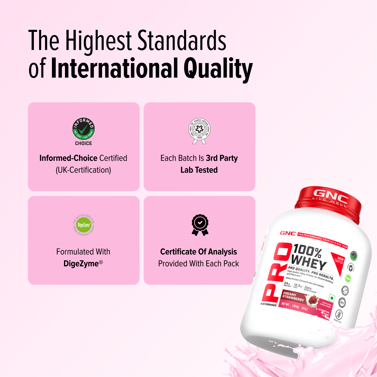 GNC Pro Performance 100% Whey Protein | New Formulation | 24g Protein, 5.7g BCAAs, 12.3g EAAs | Added DigeZyme® |  Low Carb (4.51g), No Added Sugar I Creamy Strawberry I 1.81 Kg