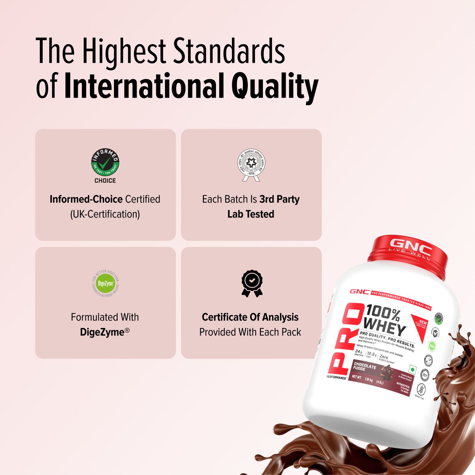 GNC Pro Performance 100% Whey Protein | New Formulation | 24g Protein, 5.7g BCAAs, 12.3g EAAs | Added DigeZyme® |  Low Carb (4.51g), No Added Sugar I Chocolate Fudge I 1.81 Kg