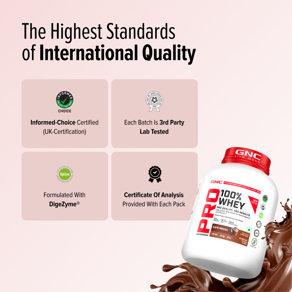 GNC Pro Performance 100% Whey Protein | New Formulation | 24g Protein, 5.7g BCAAs, 12.3g EAAs | Added DigeZyme® |  Low Carb (4.51g), No Added Sugar I Café Mocha I 1.81 Kg