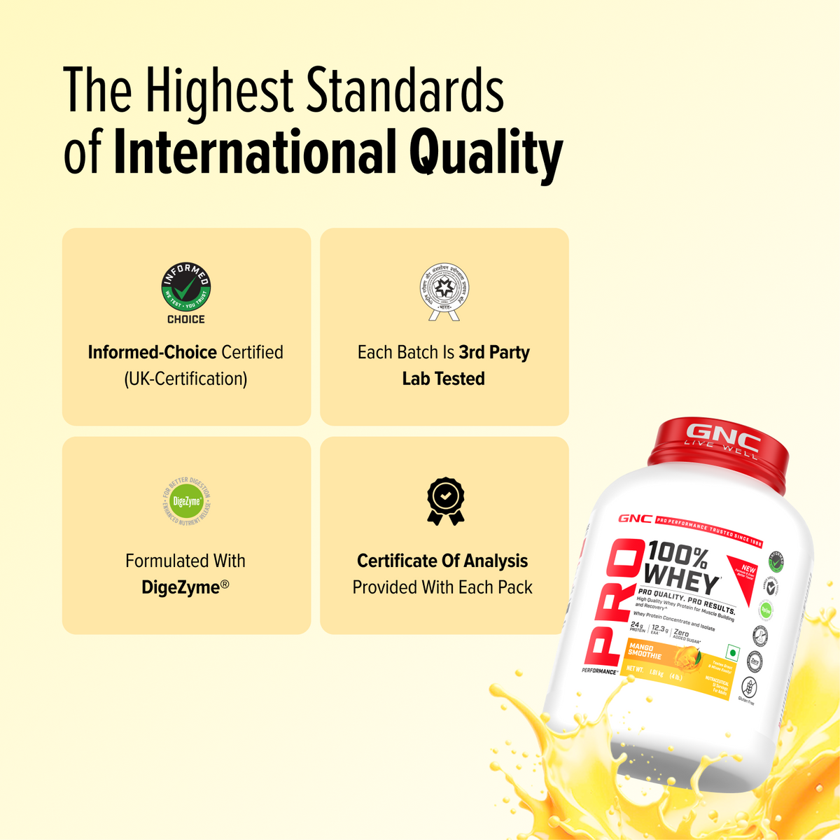 GNC Pro Performance 100% Whey Protein | New Formulation | 24g Protein, 5.7g BCAAs, 12.3g EAAs | Added DigeZyme® |  Low Carb (4.51g), No Added Sugar I Mango Smoothie I 1.81 Kg