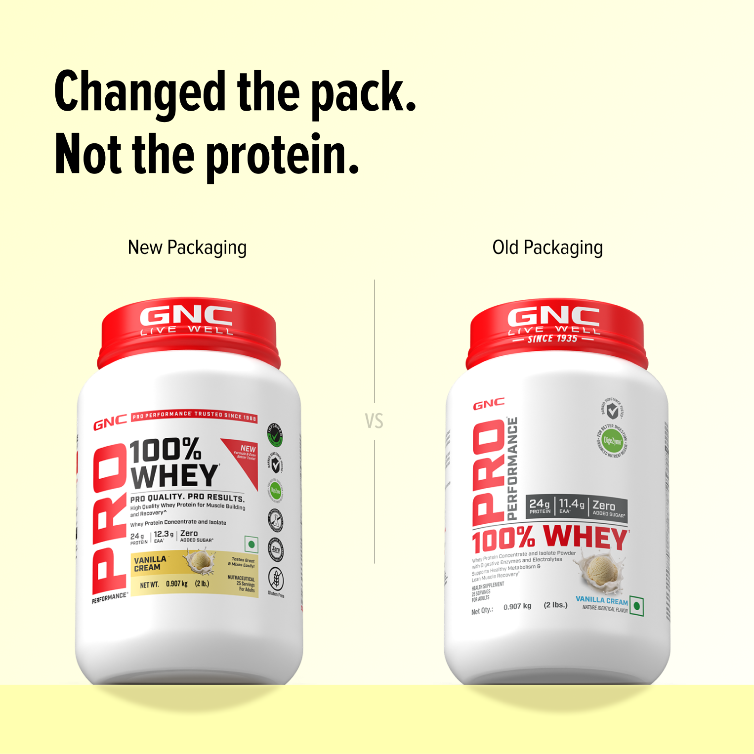 GNC Pro Performance 100% Whey Protein | New Formulation | 24g Protein, 5.7g BCAAs, 12.3g EAAs | Added DigeZyme® |  Low Carb (4.51g), No Added Sugar I Vanilla Cream I 907 GM