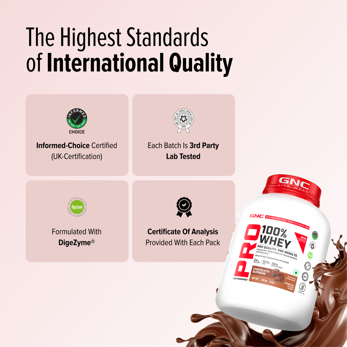 GNC Pro Performance 100% Whey Protein | New Formulation | 24g Protein, 5.7g BCAAs, 12.3g EAAs | Added DigeZyme® |  Low Carb (4.51g), No Added Sugar I Chocolate Supreme I 1.81 Kg