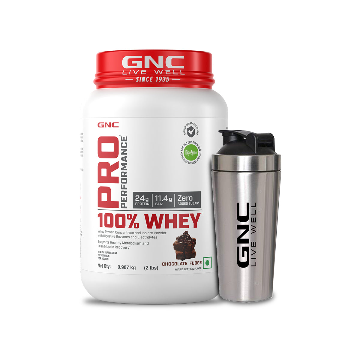 GNC Pro Performance 100% Whey Protein Powder & Steel Shaker (Chocolate Fudge, 2 lbs with Shaker)