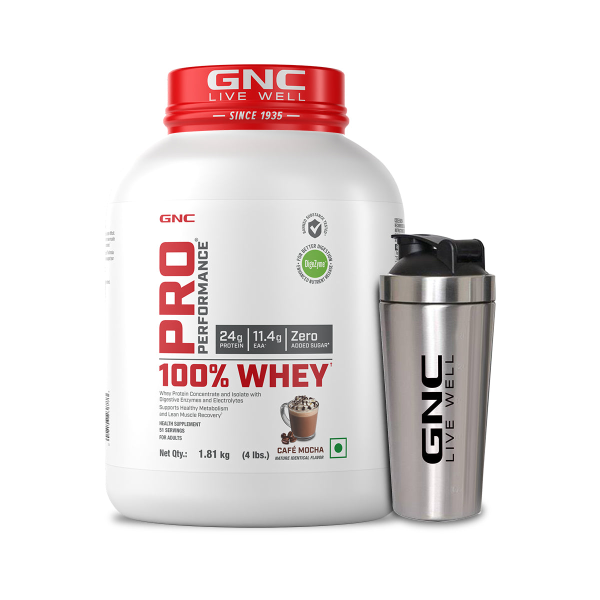 GNC Pro Performance 100% Whey Protein Powder & Steel Shaker (Café Mocha, 4 lbs with Steel Shaker)