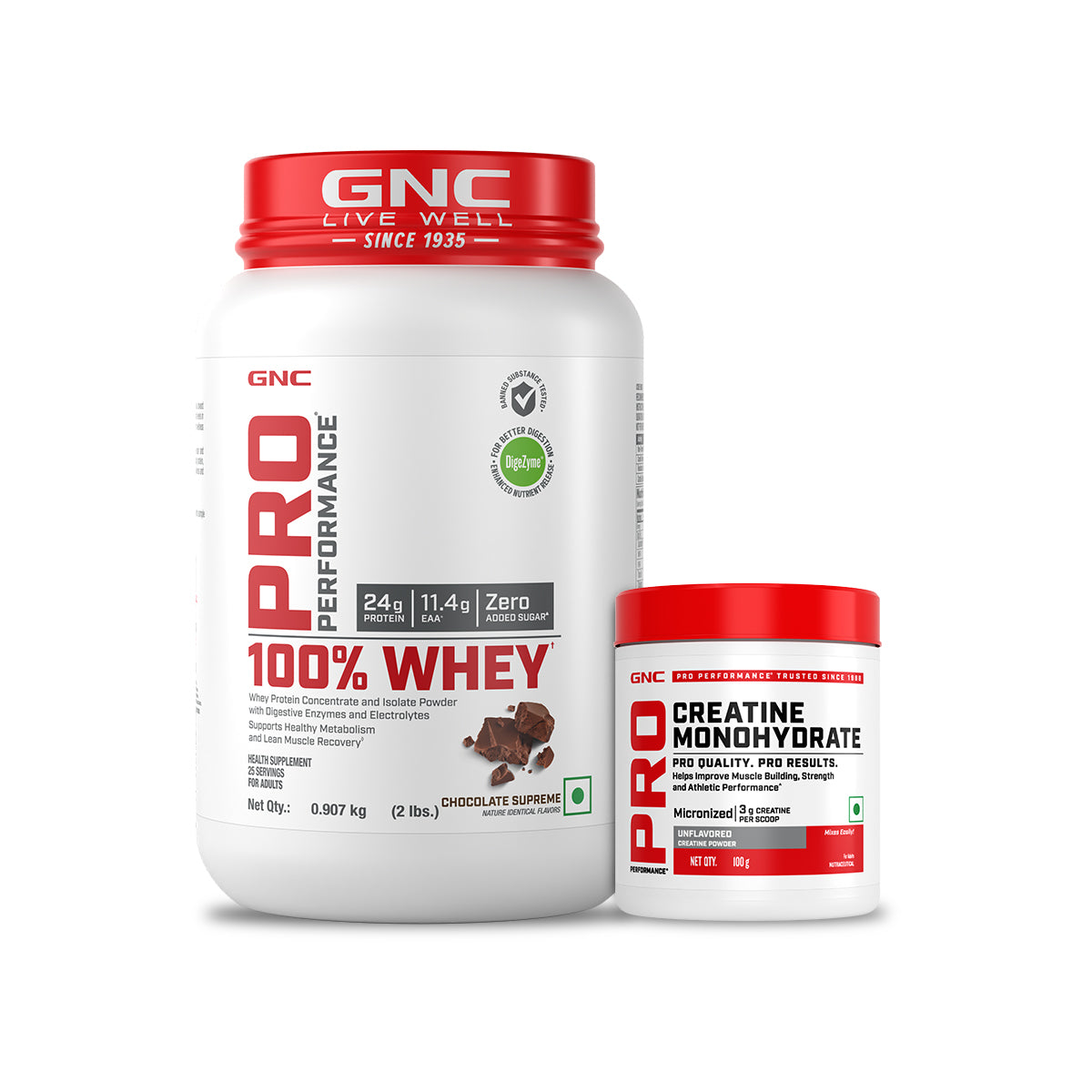 GNC Pro Performance 100% Whey Chocolate Supreme + Creatine Monohydrate Combo - Builds Lean Muscles | Promotes Faster Recovery | Boosts Athletic Performance | Hydrates Muscle Cells | 2lbs / 100gm Combo