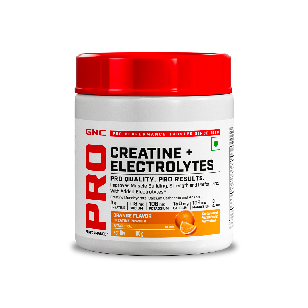 GNC Creatine+ Electrolytes | 3g Creatine Monohydrate + Sodium, Potassium, Calcium, Magnesium | Boosts Muscle Growth, Hydration, Energy & Recovery | Zero Sugar | 100% Veg | 100g | Orange