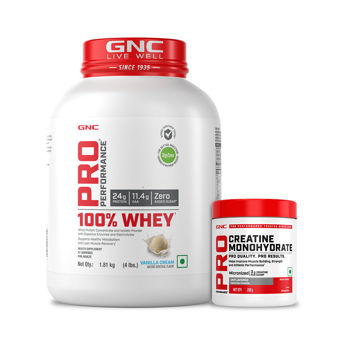 GNC Pro Performance 100% Whey Vanilla + Creatine Monohydrate Combo - Builds Lean Muscles | Promotes Faster Recovery | Boosts Athletic Performance | Hydrates Muscle Cells | 4lbs / 250gm Combo