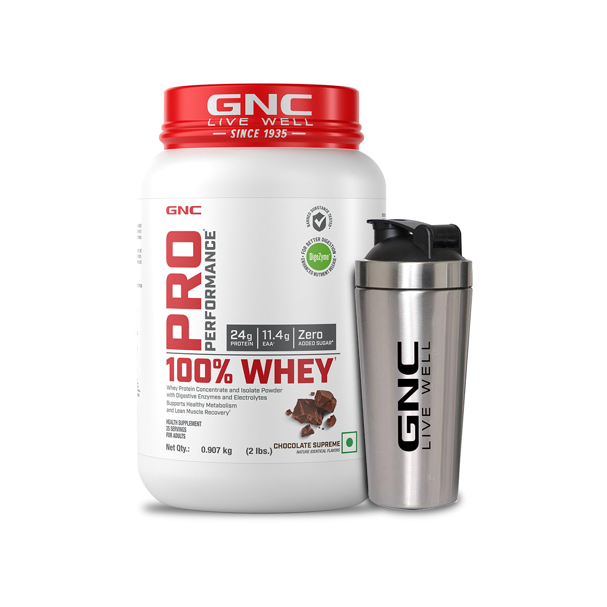 GNC Pro Performance 100% Whey Protein Powder & Steel Shaker (Chocolate Supreme, 2 lbs with Shaker)