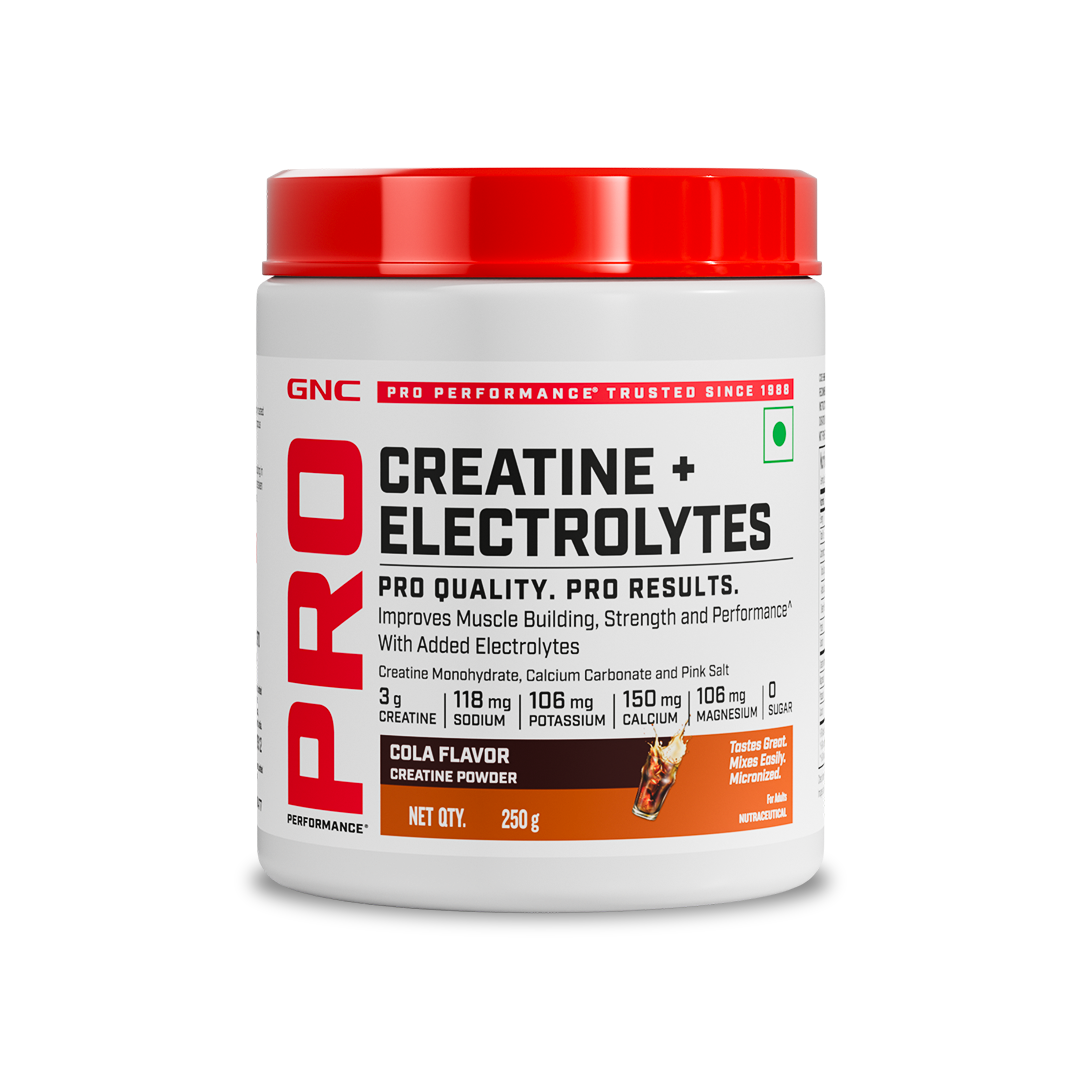 GNC Creatine+ Electrolytes | 3g Creatine Monohydrate + Sodium, Potassium, Calcium, Magnesium | Boosts Muscle Growth, Hydration, Energy & Recovery | Zero Sugar | 100% Veg | 250g | Cola