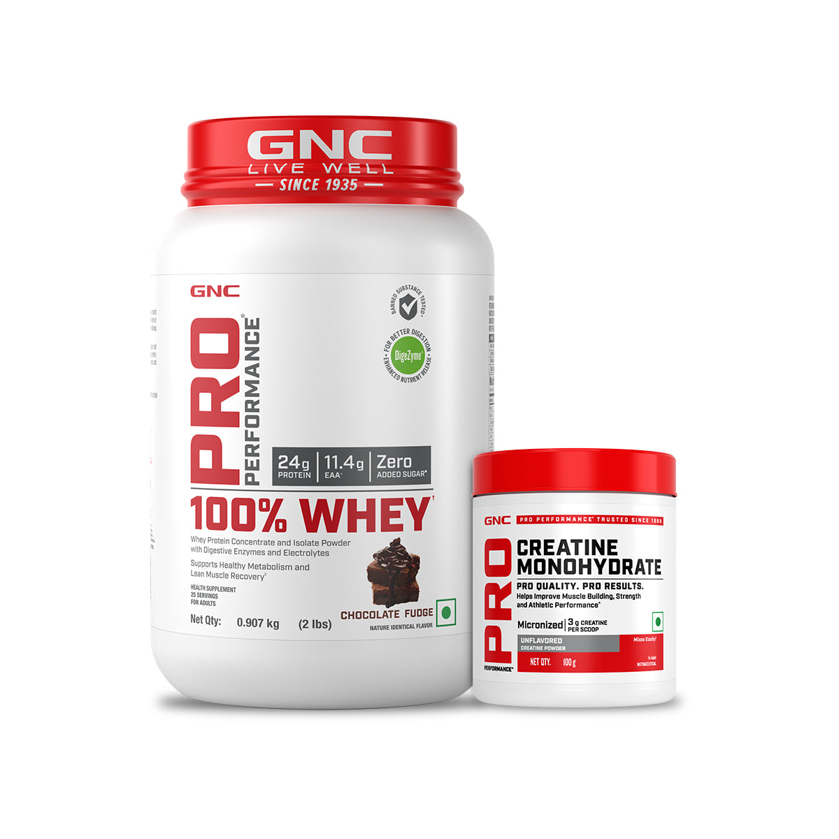 GNC Pro Performance 100% Whey Chocolate Fudge + Creatine Monohydrate Combo - Builds Lean Muscles | Promotes Faster Recovery | Boosts Athletic Performance | Hydrates Muscle Cells | 2lbs / 100gm Combo
