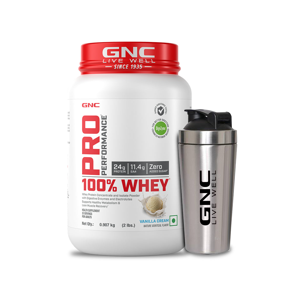 GNC Pro Performance 100% Whey Protein Powder & Steel Shaker (Vanilla Cream, 2 lbs with Shaker)