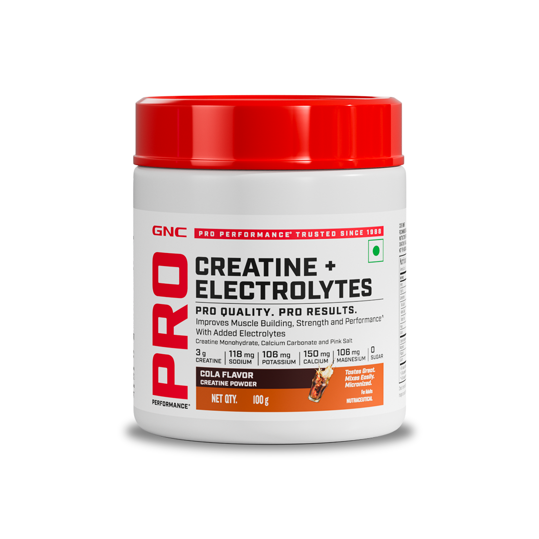 GNC Creatine+ Electrolytes | 3g Creatine Monohydrate + Sodium, Potassium, Calcium, Magnesium | Boosts Muscle Growth, Hydration, Energy & Recovery | Zero Sugar | 100% Veg | 100g | Cola