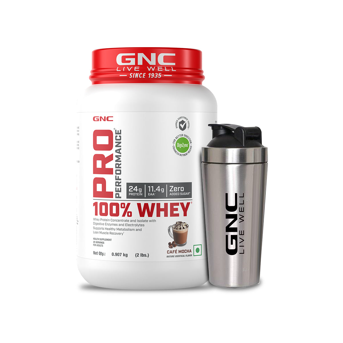 GNC Pro Performance 100% Whey Protein Powder & Steel Shaker (Café Mocha, 2 lbs with Steel Shaker)