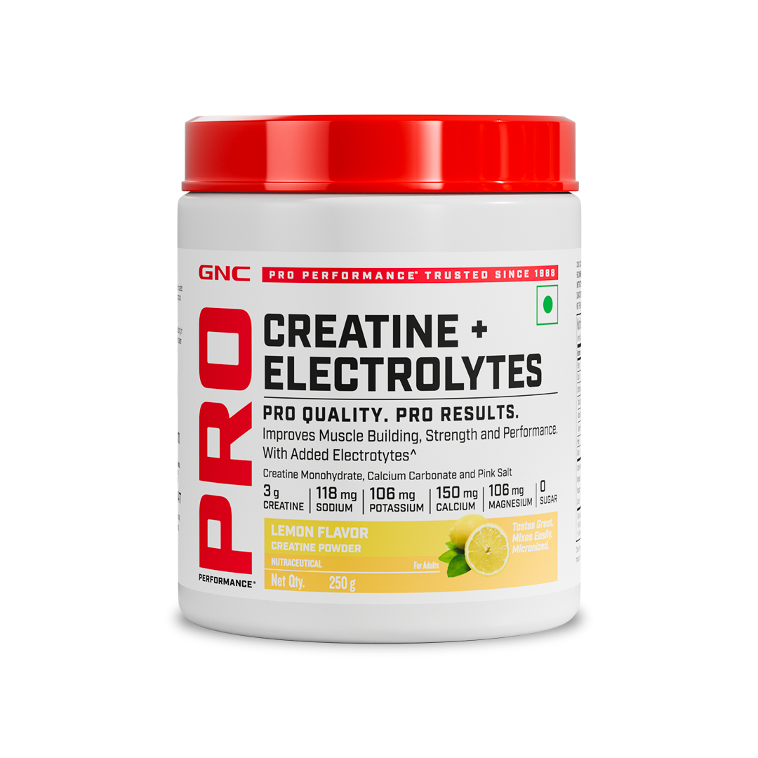 GNC Creatine+ Electrolytes | 3g Creatine Monohydrate + Sodium, Potassium, Calcium, Magnesium | Boosts Muscle Growth, Hydration, Energy & Recovery | Zero Sugar | 100% Veg | 250g | Lemon