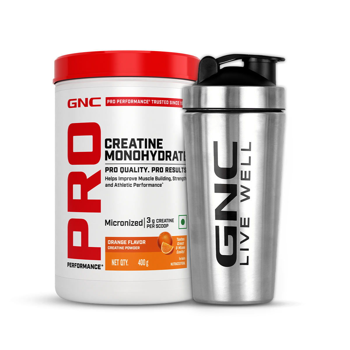 GNC Creatine Monohydrate With Steel Shaker (750ml)| 400gm | Orange | Boosts Athletic Performance | Fuels Skeletal Muscles | Supports Intense Workout | Promotes Cellular Hydration |Formulated In USA
