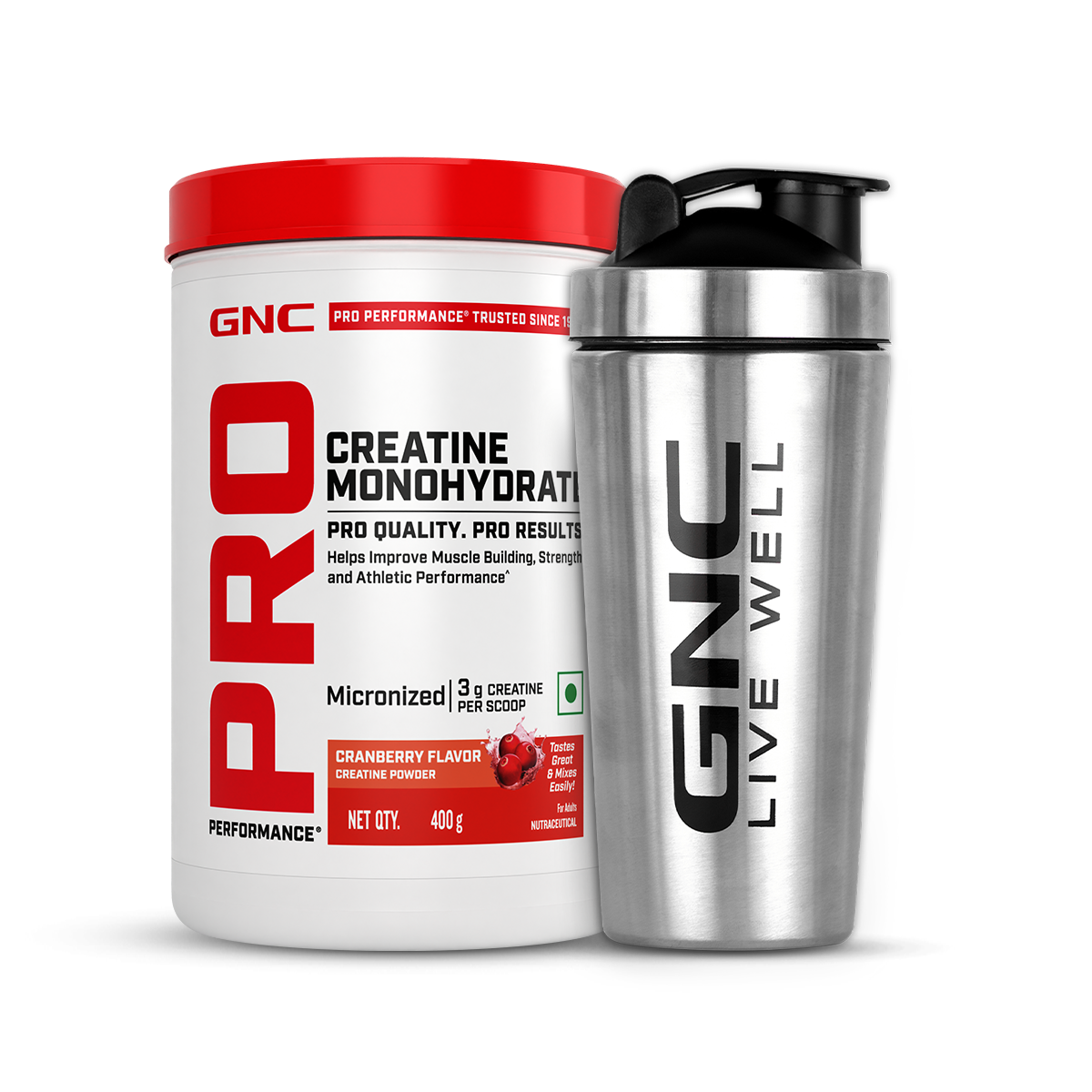 GNC Creatine Monohydrate With Steel Shaker (750ml)| 400gm | Cranberry | Boosts Athletic Performance | Fuels Skeletal Muscles | Supports Intense Workout | Promotes Cellular Hydration |Formulated In USA