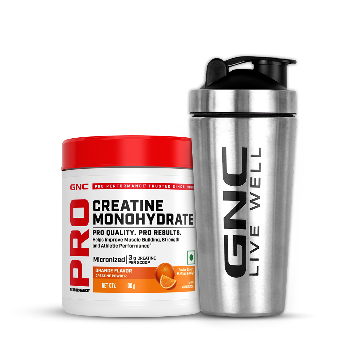 GNC Creatine Monohydrate With Steel Shaker (750ml)| 100gm | Orange | Boosts Athletic Performance | Fuels Skeletal Muscles | Supports Intense Workout | Promotes Cellular Hydration |Formulated In USA