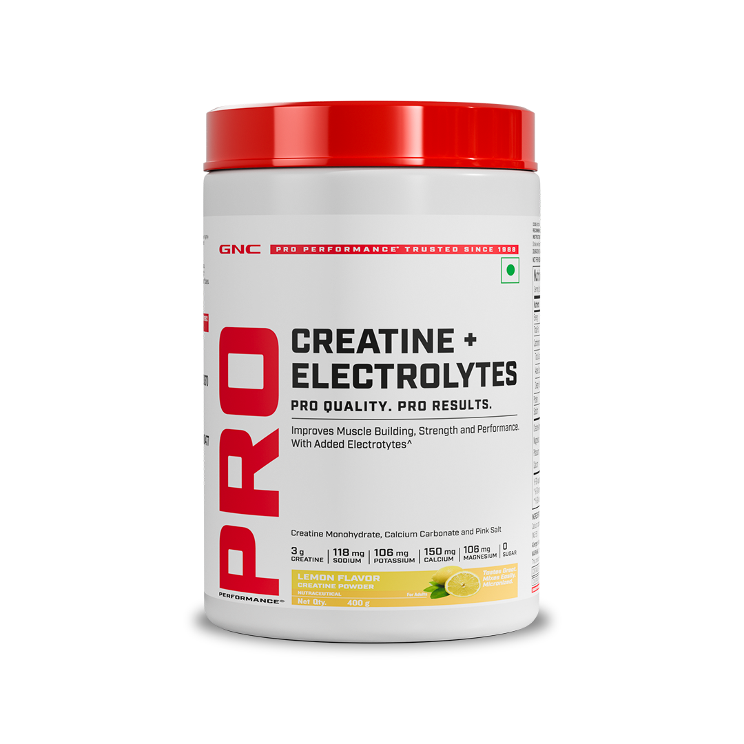 GNC Creatine+ Electrolytes | 3g Creatine Monohydrate + Sodium, Potassium, Calcium, Magnesium | Boosts Muscle Growth, Hydration, Energy & Recovery | Zero Sugar | 100% Veg | 400g | Lemon