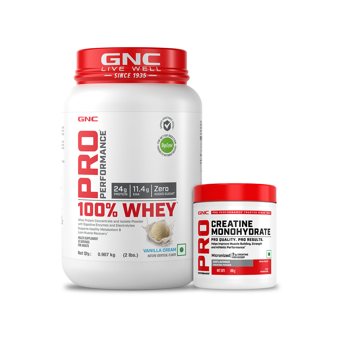 GNC Pro Performance 100% Whey Vanilla Cream + Creatine Monohydrate Combo - Builds Lean Muscles | Promotes Faster Recovery | Boosts Athletic Performance | Hydrates Muscle Cells | 2lbs / 100gm Combo
