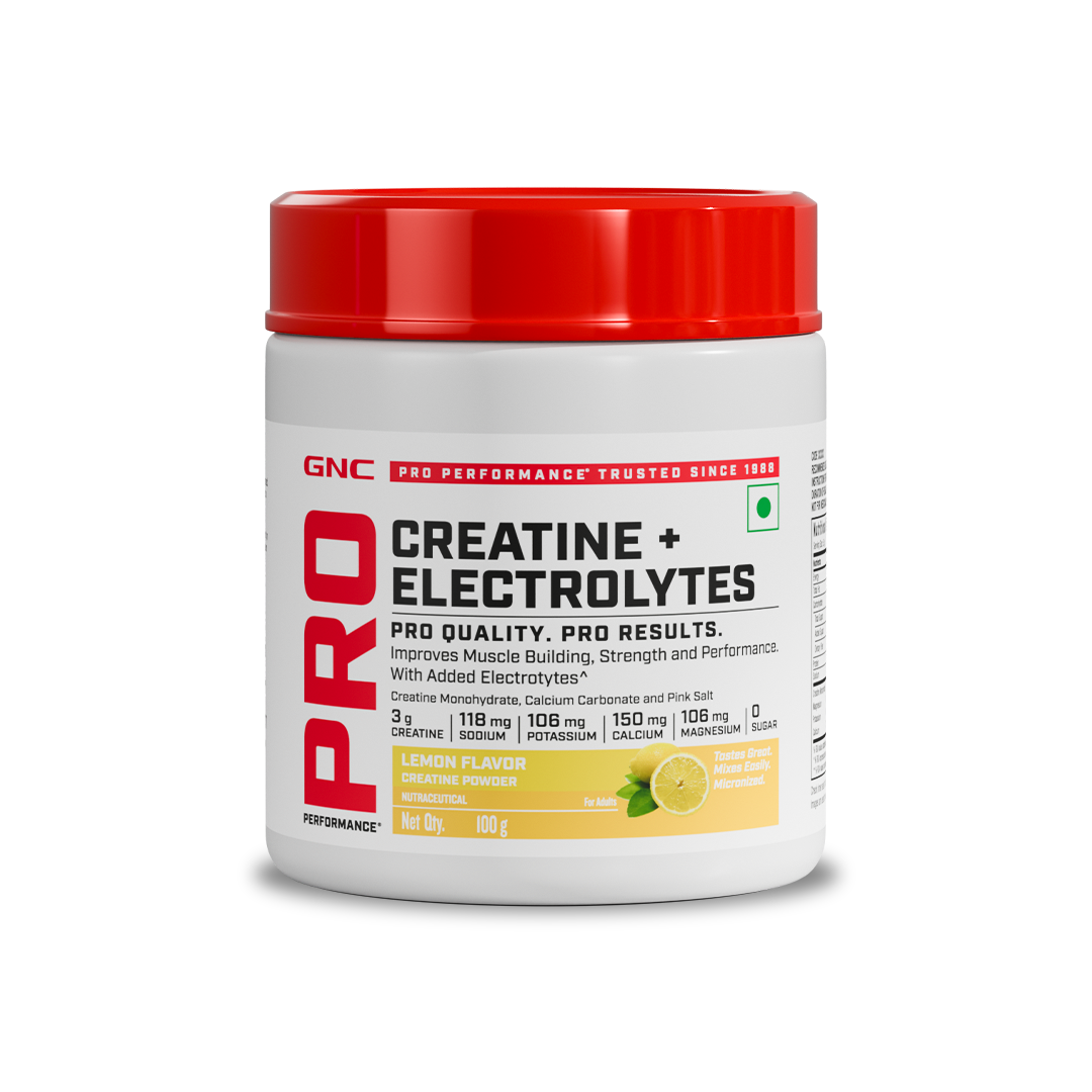 GNC Creatine+ Electrolytes | 3g Creatine Monohydrate + Sodium, Potassium, Calcium, Magnesium | Boosts Muscle Growth, Hydration, Energy & Recovery | Zero Sugar | 100% Veg | 100g | Lemon