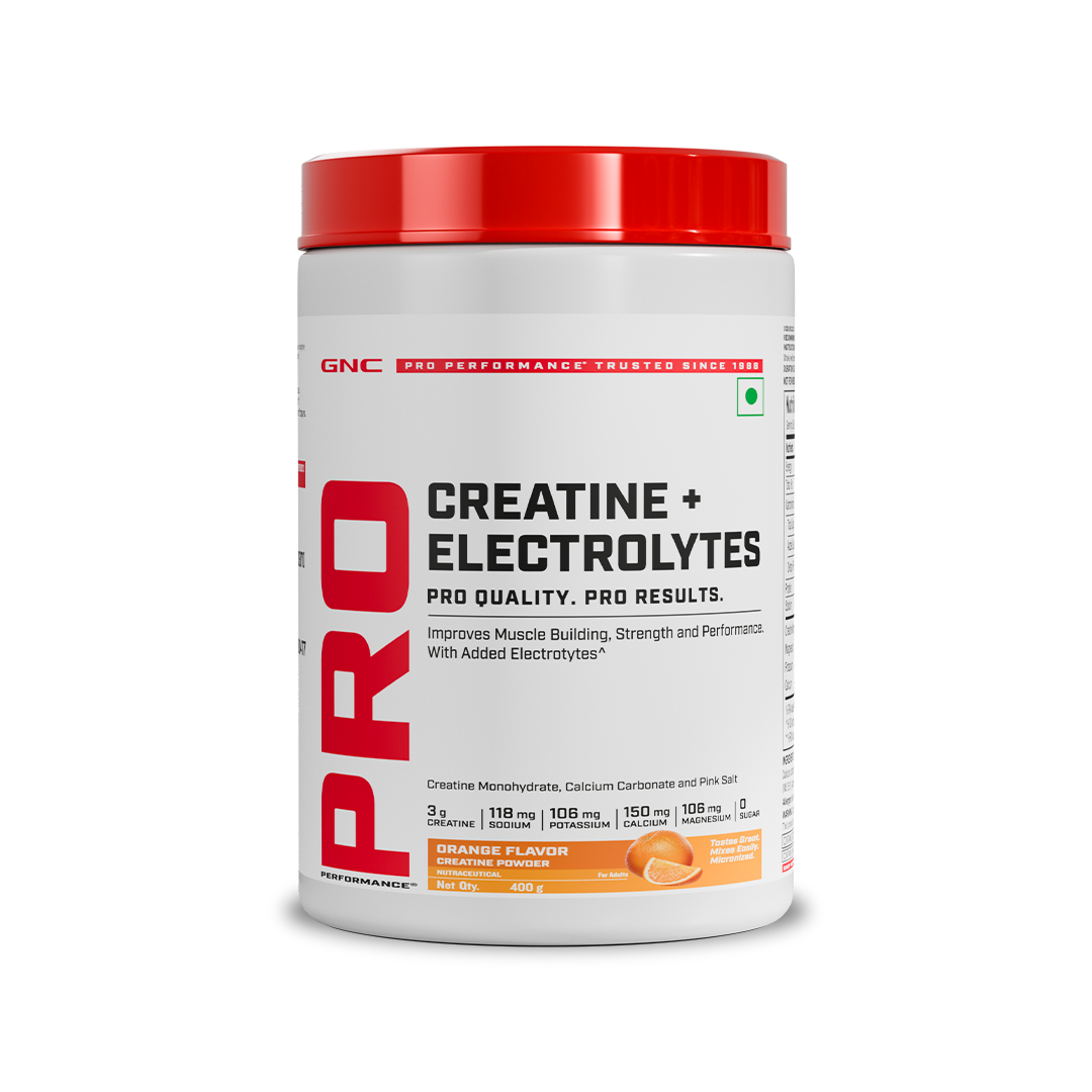 GNC Creatine+ Electrolytes | 3g Creatine Monohydrate + Sodium, Potassium, Calcium, Magnesium | Boosts Muscle Growth, Hydration, Energy & Recovery | Zero Sugar | 100% Veg | 400g | Orange