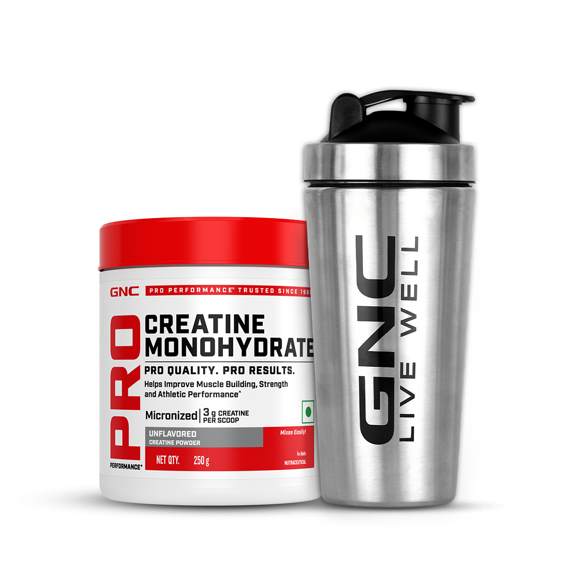 GNC Creatine Monohydrate With Steel Shaker (750ml)| 250gm | Unflavoured | Boosts Athletic Performance | Fuels Skeletal Muscles | Supports Intense Workout | Promotes Cellular Hydration |Formulated In USA