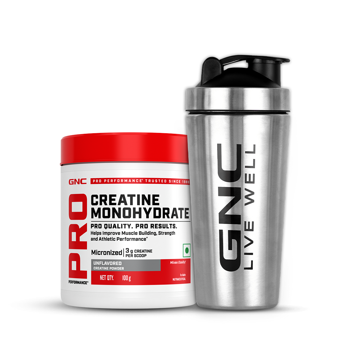 GNC Creatine Monohydrate With Steel Shaker (750ml)| 100gm | Unflavoured | Boosts Athletic Performance | Fuels Skeletal Muscles | Supports Intense Workout | Promotes Cellular Hydration |Formulated In USA