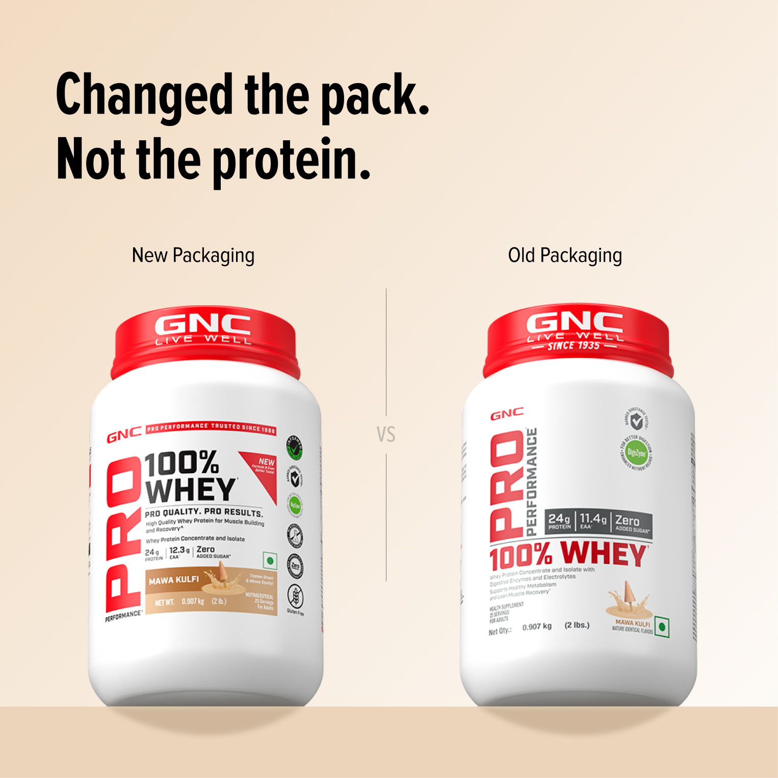 GNC Pro Performance 100% Whey Protein | New Formulation | 24g Protein, 5.7g BCAAs, 12.3g EAAs | Added DigeZyme® |  Low Carb (4.51g), No Added Sugar I Mawa Kulfi I 907 GM