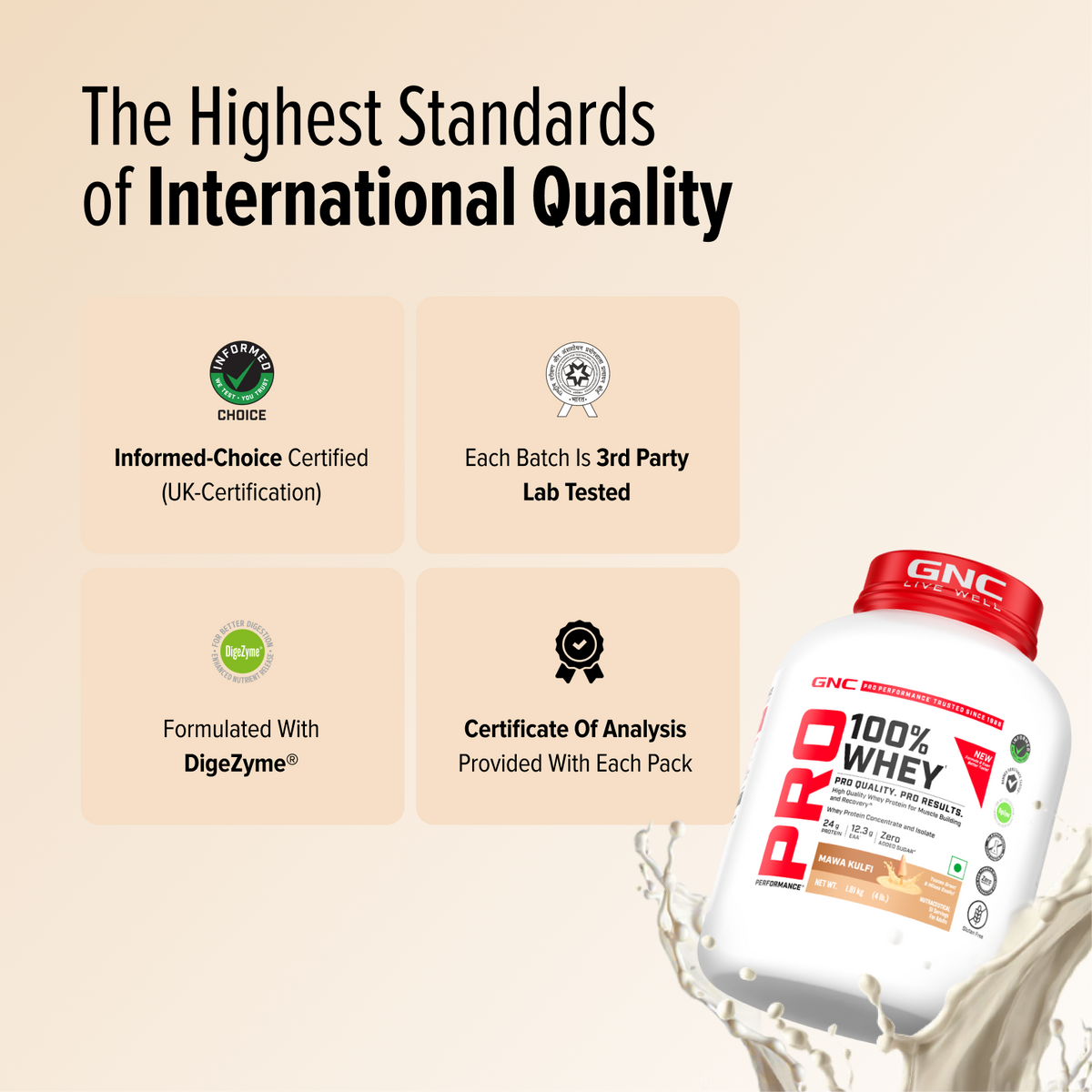 GNC Pro Performance 100% Whey Protein | New Formulation | 24g Protein, 5.7g BCAAs, 12.3g EAAs | Added DigeZyme® |  Low Carb (4.51g), No Added Sugar I Mawa Kulfi I 1.81 Kg