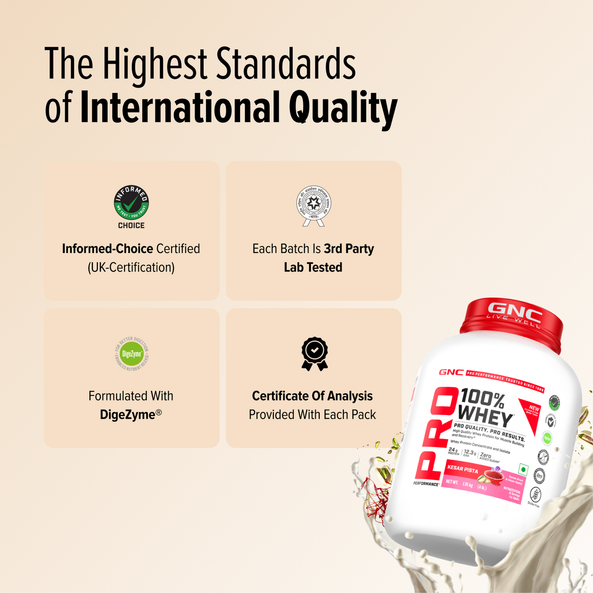 GNC Pro Performance 100% Whey Protein | New Formulation | 24g Protein, 5.7g BCAAs, 12.3g EAAs | Added DigeZyme® |  Low Carb (4.51g), No Added Sugar I Kesar Pista I 1.81 Kg