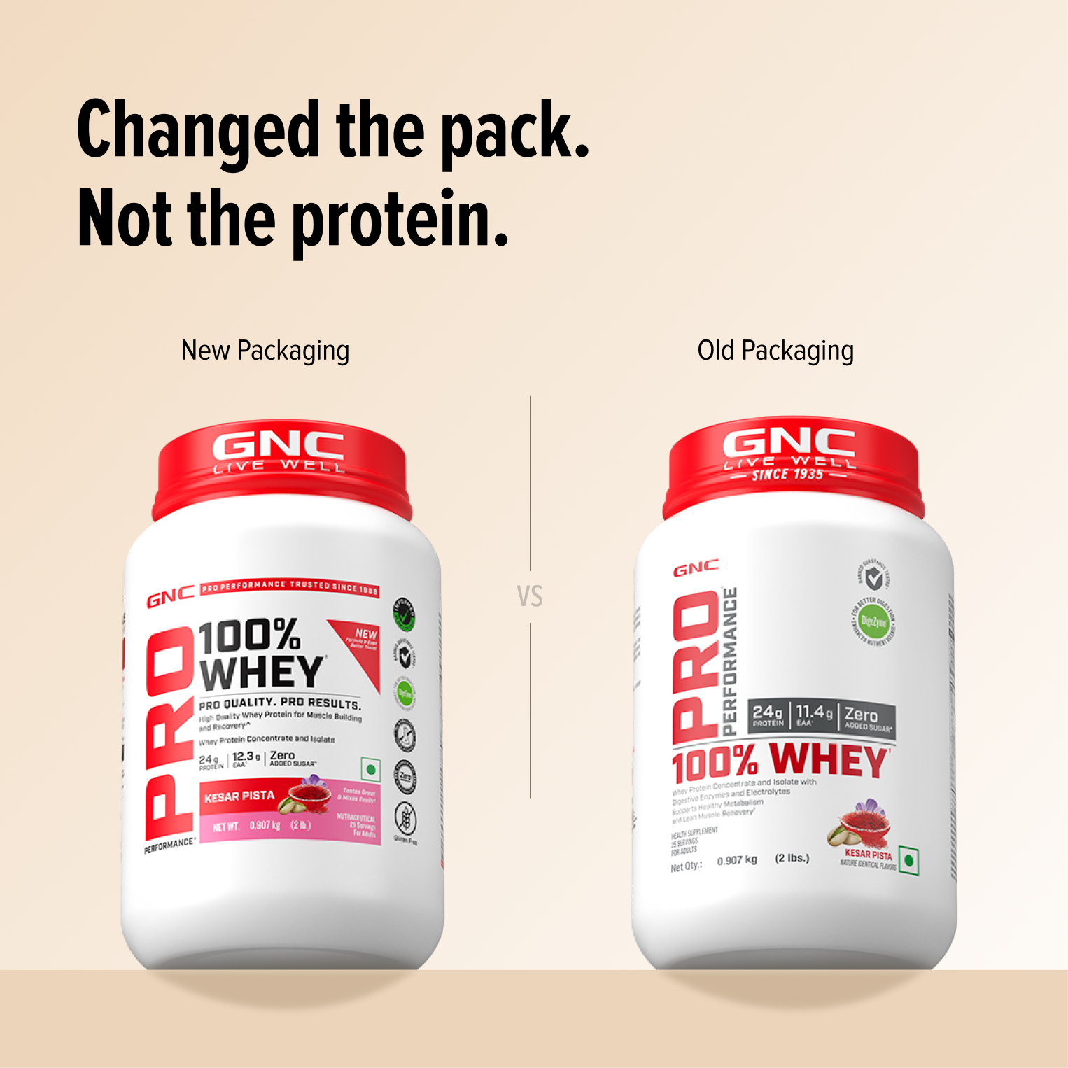 GNC Pro Performance 100% Whey Protein | New Formulation | 24g Protein, 5.7g BCAAs, 12.3g EAAs | Added DigeZyme® |  Low Carb (4.51g), No Added Sugar I Kesar Pista I 907 GM