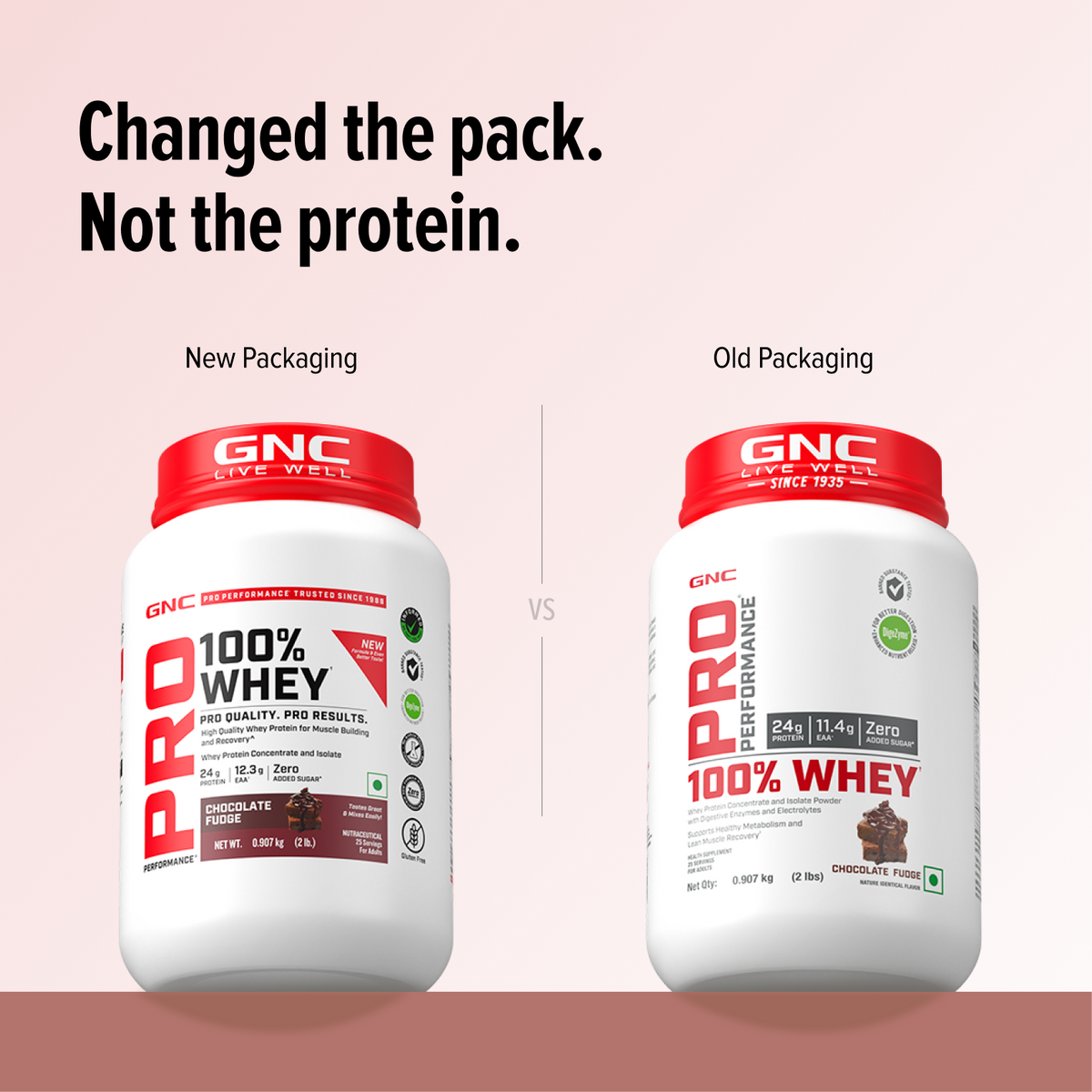GNC Pro Performance 100% Whey Protein | New Formulation | 24g Protein, 5.7g BCAAs, 12.3g EAAs | Added DigeZyme® |  Low Carb (4.51g), No Added Sugar I Chocolate Fudge I 907 GM