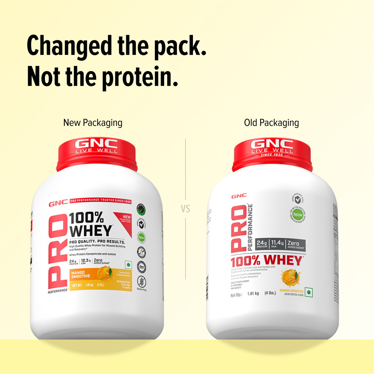 GNC Pro Performance 100% Whey Protein | New Formulation | 24g Protein, 5.7g BCAAs, 12.3g EAAs | Added DigeZyme® |  Low Carb (4.51g), No Added Sugar I Mango Smoothie I 1.81 Kg