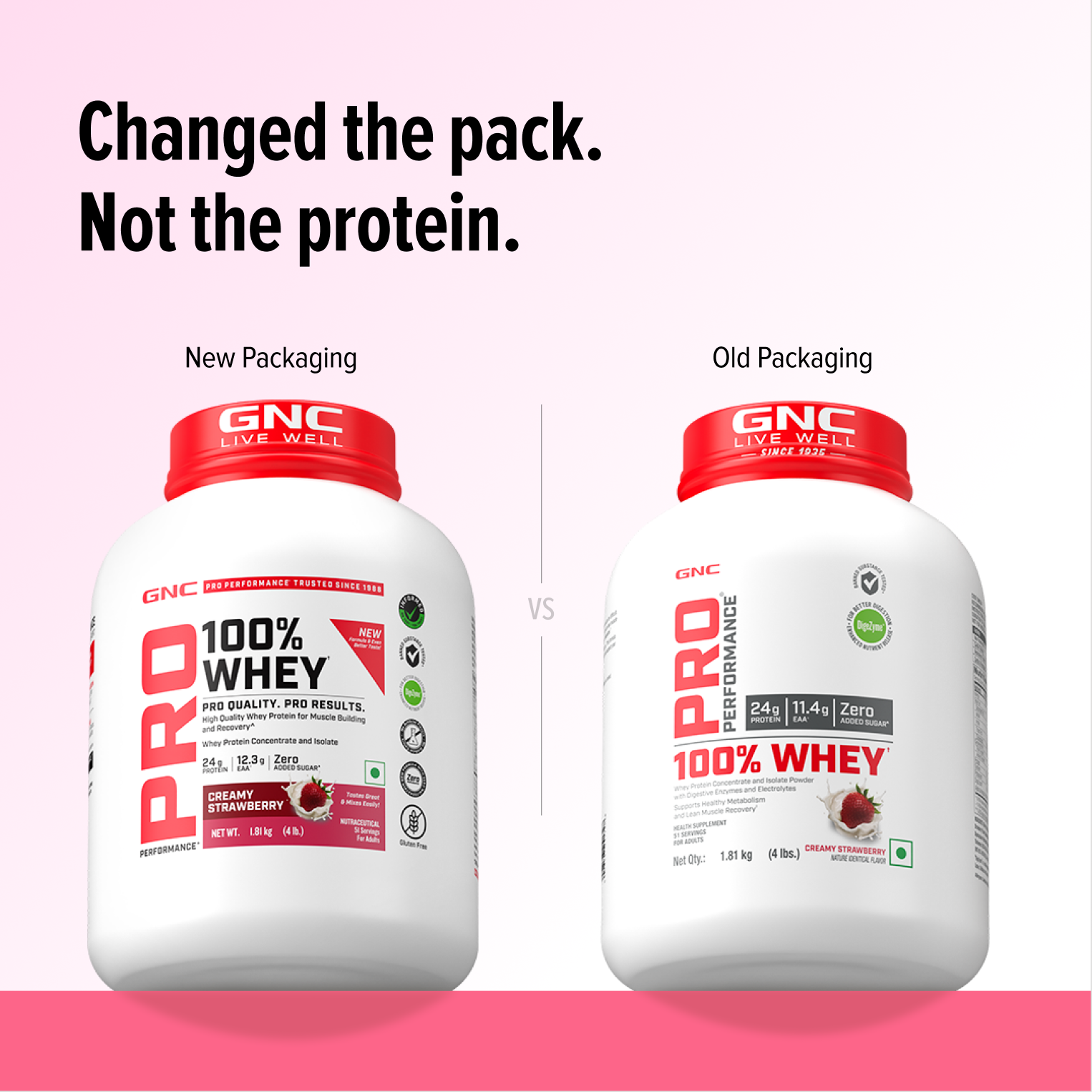 GNC Pro Performance 100% Whey Protein | New Formulation | 24g Protein, 5.7g BCAAs, 12.3g EAAs | Added DigeZyme® |  Low Carb (4.51g), No Added Sugar I Creamy Strawberry I 1.81 Kg