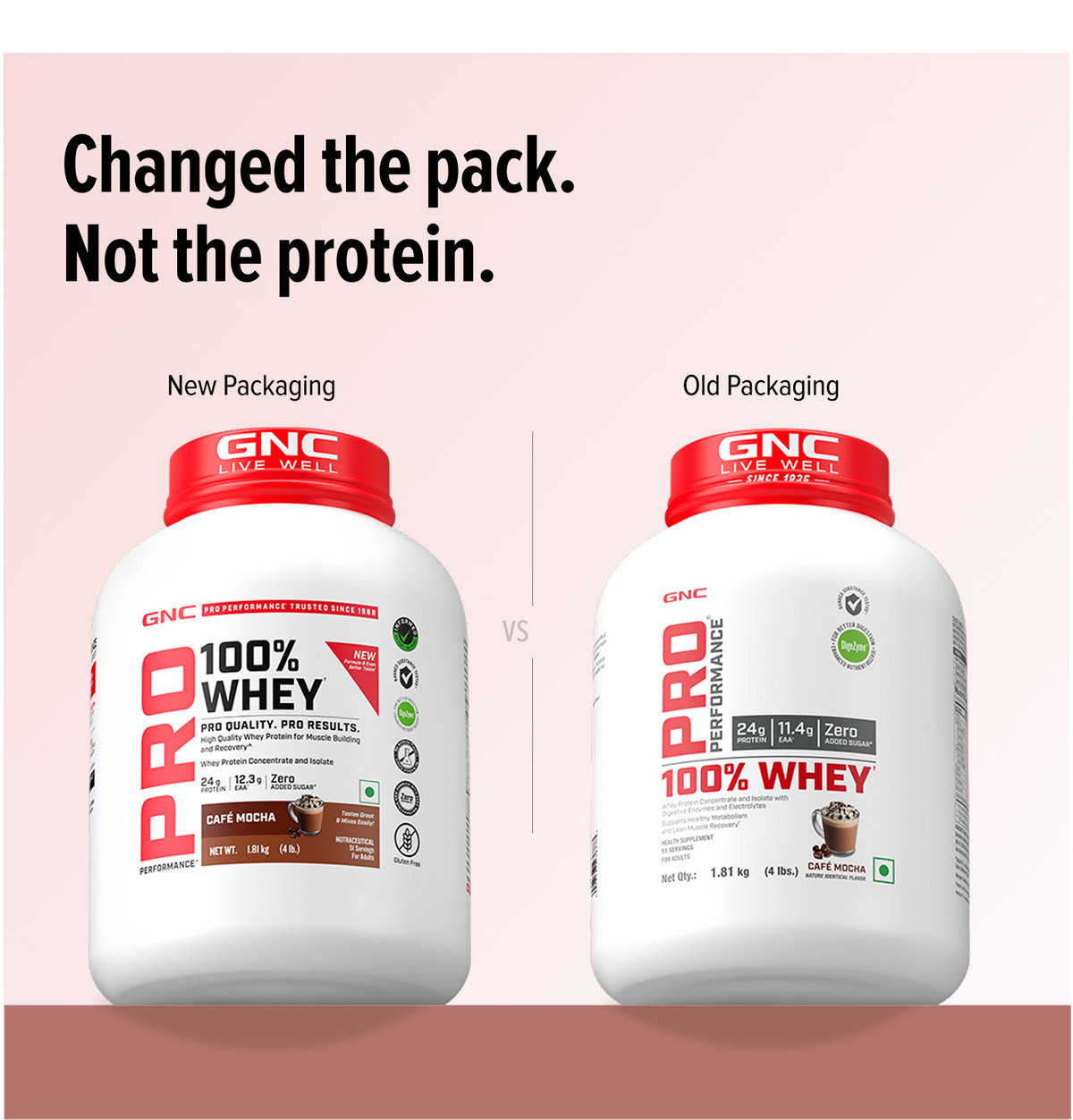 GNC Pro Performance 100% Whey Protein | New Formulation | 24g Protein, 5.7g BCAAs, 12.3g EAAs | Added DigeZyme® |  Low Carb (4.51g), No Added Sugar I Café Mocha I 1.81 Kg