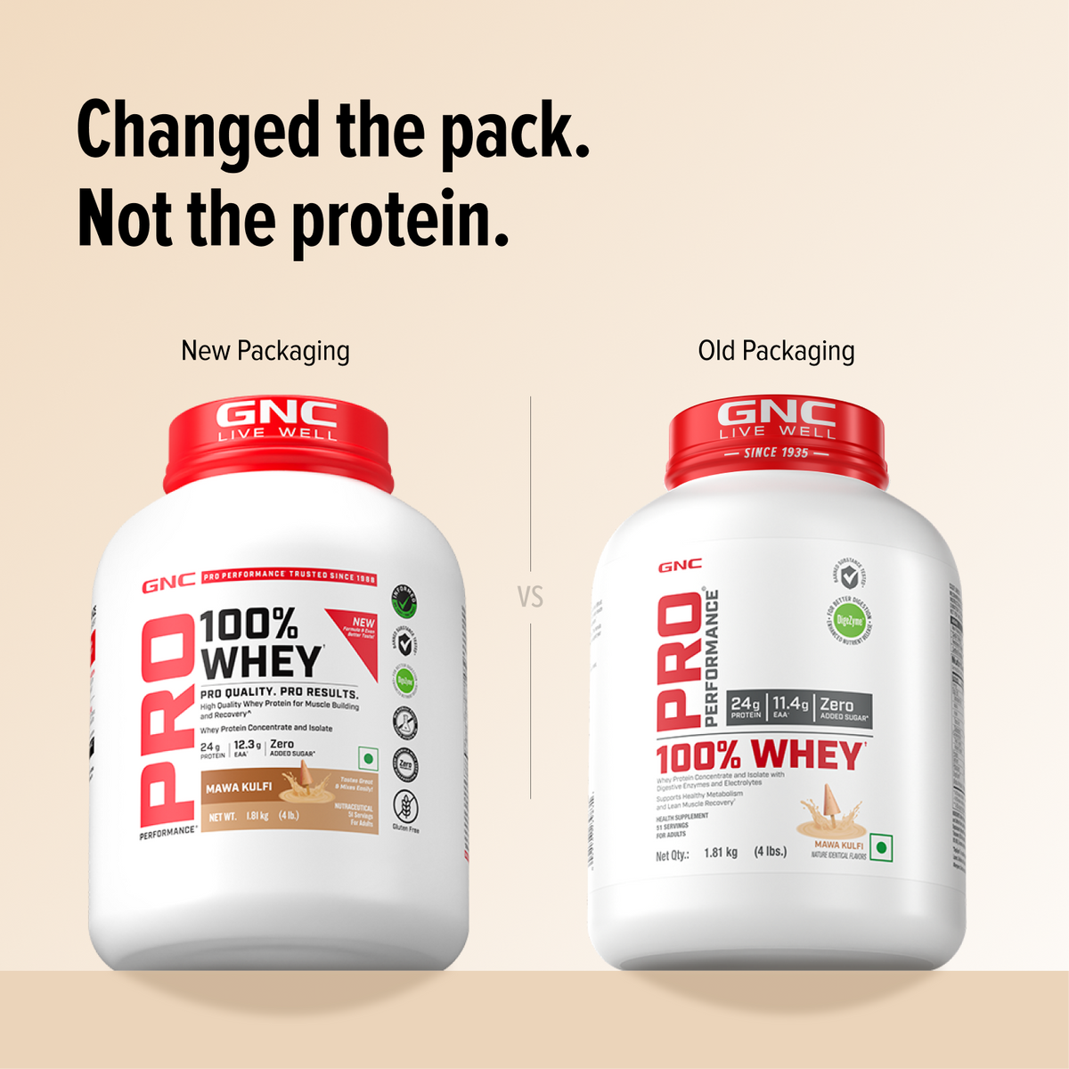 GNC Pro Performance 100% Whey Protein | New Formulation | 24g Protein, 5.7g BCAAs, 12.3g EAAs | Added DigeZyme® |  Low Carb (4.51g), No Added Sugar I Mawa Kulfi I 1.81 Kg