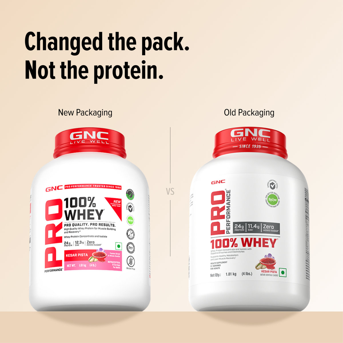 GNC Pro Performance 100% Whey Protein | New Formulation | 24g Protein, 5.7g BCAAs, 12.3g EAAs | Added DigeZyme® |  Low Carb (4.51g), No Added Sugar I Kesar Pista I 1.81 Kg