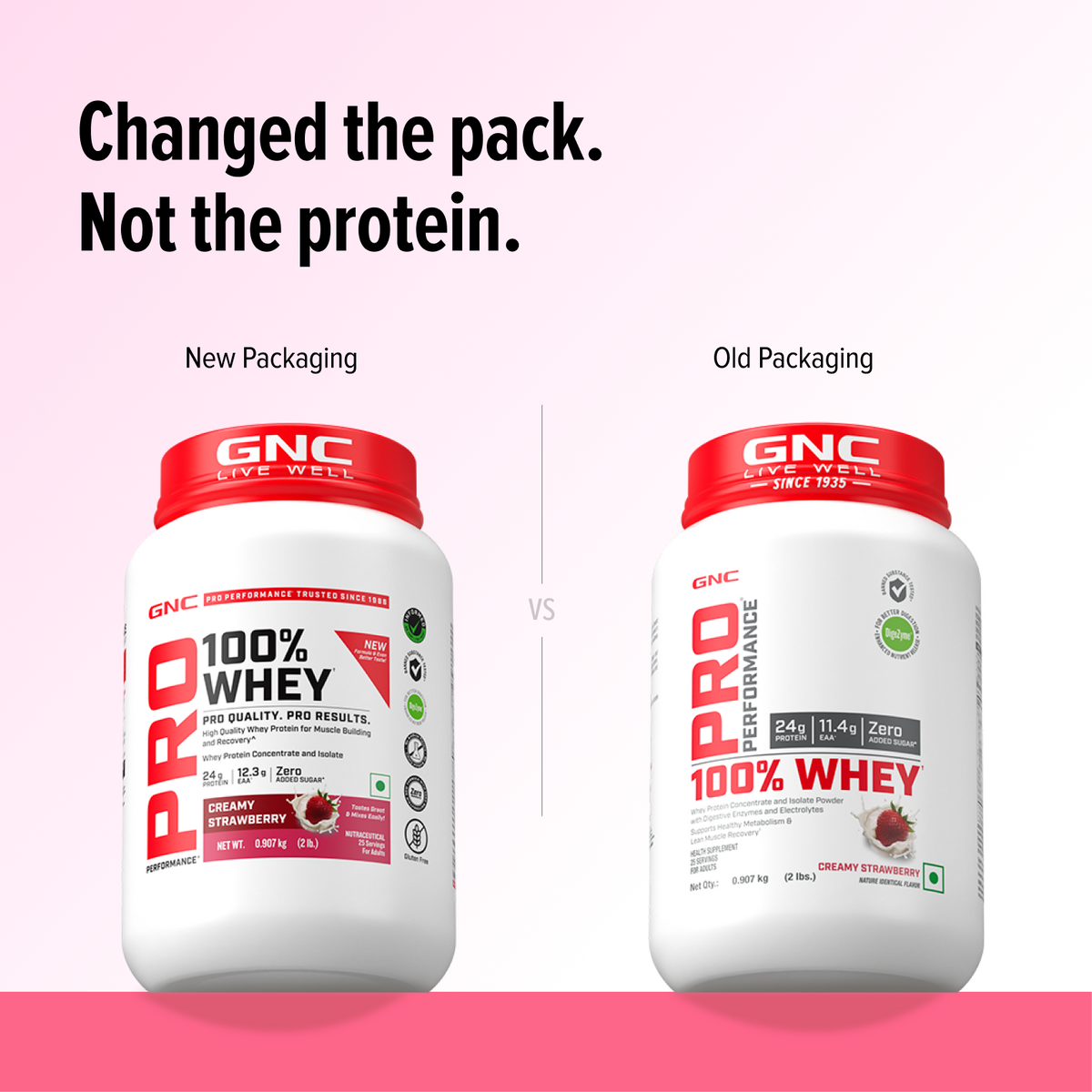 GNC Pro Performance 100% Whey Protein | New Formulation | 24g Protein, 5.7g BCAAs, 12.3g EAAs | Added DigeZyme® |  Low Carb (4.51g), No Added Sugar I Creamy Strawberry I 907 GM